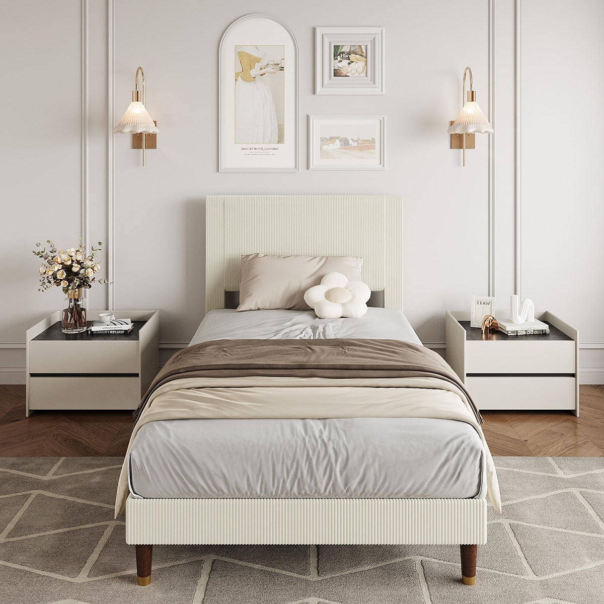 Ataucjin Twin/Full/Queen/King Size Platform Bed Frame, Modern Twin Bed Frame with Upholstered Headboard and Strong Metal Slats Support, No Boxing Spring Needed, Easy Assembly