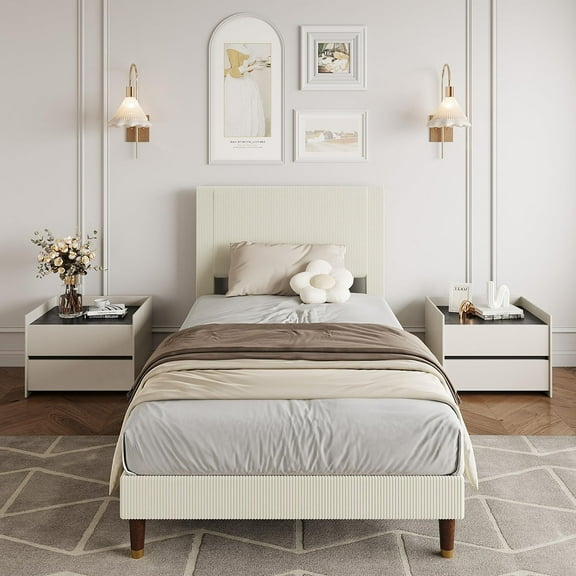 Ataucjin Twin/Full/Queen/King Size Platform Bed Frame, Modern Twin Bed Frame with Upholstered Headboard and Strong Metal Slats Support, No Boxing Spring Needed, Easy Assembly