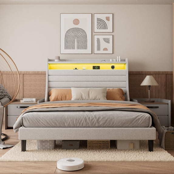 Ataucjin Twin Size Bed Frame with LED Light and Charging Station,Upholstered Platform Bed with Headboard,Headboard with 2-Tier Storage Shelves,Sturdy Wooden Slats Support,No Box Spring Needed