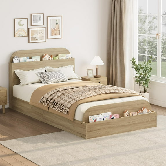 Ataucjin Twin Size Bed Frame,Wooden Bed Frame with Storage Headboard and Raised-Foodboard,Full-Floor Low Platform Bed for Bedroom, Sturdy Wooden Slats Support, No Box Spring Needed