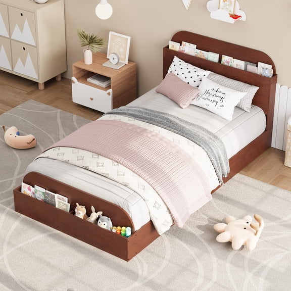 Ataucjin Twin Size Bed Frame,Wooden Bed Frame with Storage Headboard and Raised-Foodboard,Full-Floor Low Platform Bed for Bedroom, Sturdy Wooden Slats Support, No Box Spring Needed