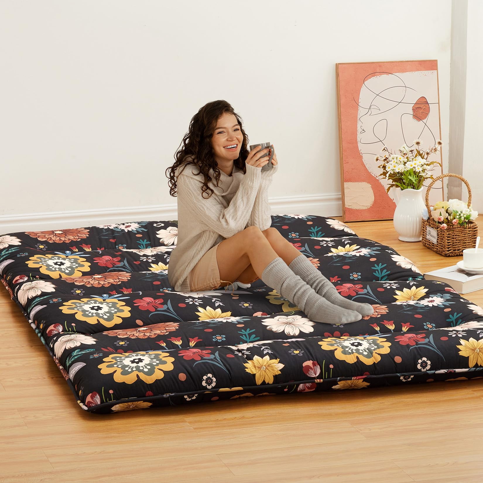 Ataucjin Twin Size Japanese Futon Floor Mattress, 3 Inch Thick Floral Tatami Mat, Foldable Portable Sleeping Mattress, Modern Floor Bed for Living Room, Guest Room, Camping