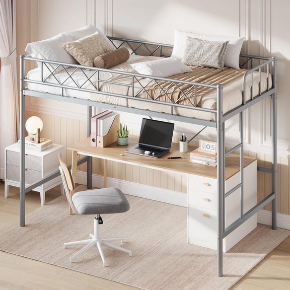 Ataucjin Twin Size Loft Bed, Heavy Duty Metal Frame with Arched Guardrail, Flat Ladder Rung, and Steel Slat Support, No Box Spring Required, Space Efficient