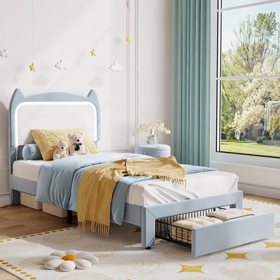 Ataucjin Twin Size Platform Bed Frame,Upholstered Bed Frame with Cat Headboard, GRB LED Lights & Strong Wood Slats Support,No Box Spring Needed, Noise Free,Easy Assembly