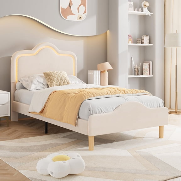Ataucjin Twin Size Upholstered LED Bed Frame with Adjustable Headboard and Footboard, Velvet Princess Platform Bed frame , Wooden Slats Support, No Box Spring Needed, Easy Assembly
