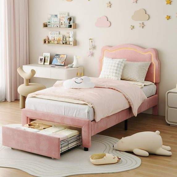 Ataucjin Twin Upholstered Smart LED Bed Frame with Adjustable Bear Headboard,Velvet Princess Platform Bed Frame for Girls,Wooden Slats Support,No Box Spring Needed,Easy Assembly,Pink