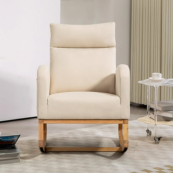 Ataucjin Upholstered Rocking Chair Nursery Glider Chair Comfy High Backrest Armchair Modern Rocking Accent Chair With Rubber Wood Legs Side Pockets For Living Bedroom