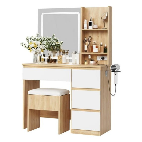 Ataucjin Vanity Desk with LED Mirror, Makeup Vanity Desk with 4 Drawers, Power Outlets, Storage Stool, Storage Shelves & Hair Dryer Holder , Adjustable 3 Lighting Modes, Makeup Vanity Set for Bedroom