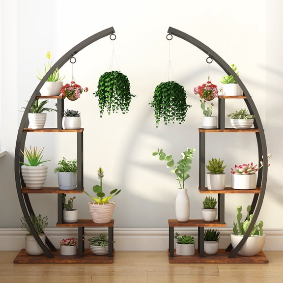Ataucjin Vintage Industrial Arc Plant Stand with 5 Multi Layer Tiers, Half Moon Plant Shelf Ladder Flower Pot Stand Rack, Sturdy Metal and Wood Construction for Displaying Potted Plants, Flowers