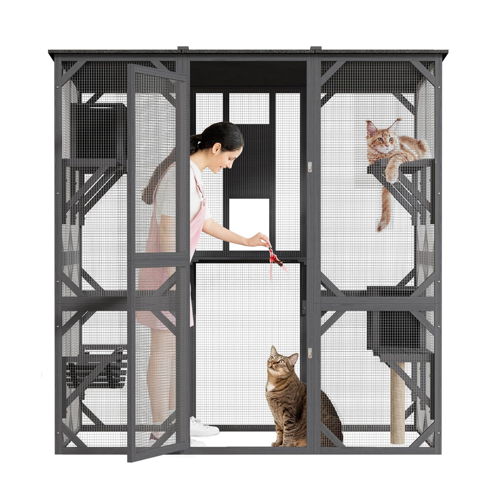 Ataucjin Walk-in Window Catio Outdoor,70'' Wooden Cat Enclosure for Mulitiple Cats with Waterproof Roof,Feral Cat Shelter with Platforms,Hammock, Scratching Post and Resting Box,Walk in Cat Kennel
