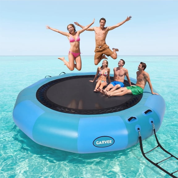Ataucjin Water Trampoline for Lake,12FT Recreational Water Bouncer Electric Inflator, Trampolines for Adults Portable Bounce Swim Platform with Electric Pump and Rope Ladder