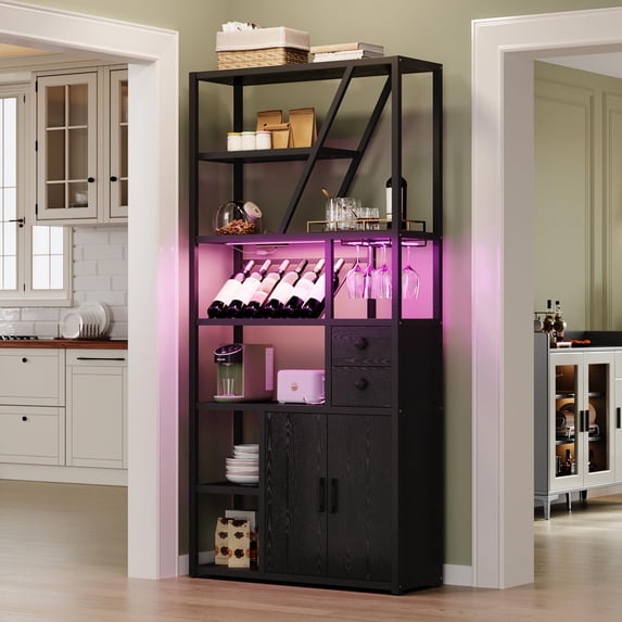 Ataucjin Wine Bar Cabinet with LED Lights, Tall Coffee Bar Station with Power Outlets and Wine Rack, Kitchen Microwave Stand Bakers Rack Cabinet for Living Room