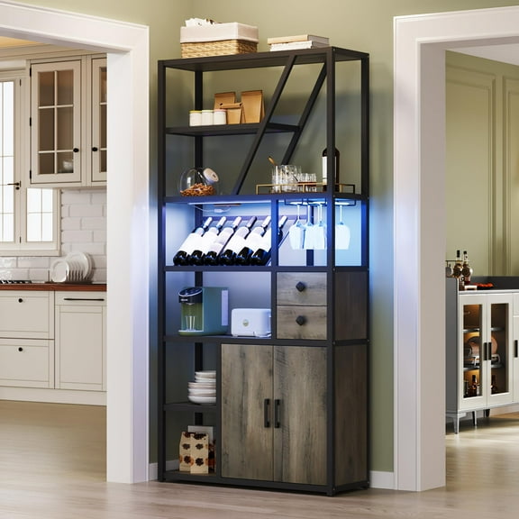 Ataucjin Wine Bar Cabinet with LED Lights, Tall Coffee Bar Station with Power Outlets and Wine Rack, Kitchen Microwave Stand Bakers Rack Cabinet for Living Room