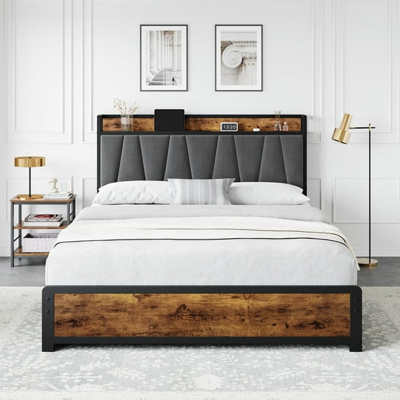 Ataucjin Wood Full Size Bed Frame With Charging Station Queen Size Platform Bed Frame With 4 Storage Drawers And Linen Upholstered Storage Headboard No Box Spring Needed Easy Assembly