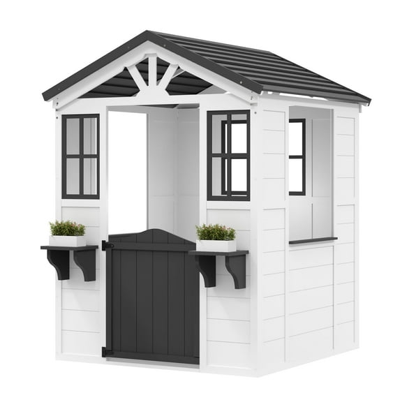 Ataucjin Wooden Play House for Kids, Wooden Play House Outdoor Cottage, Cedar Woodens Kids Playhouse Cottage, Toddler Outdoor Playhouse Vinyl Roof With Play Kitchen