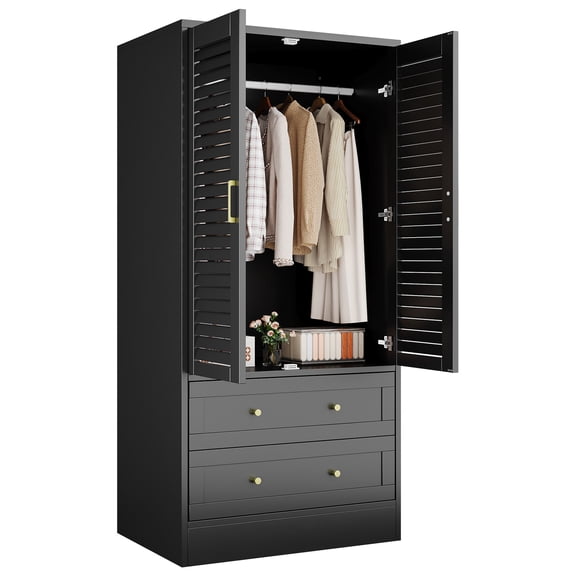 Ataucjin Wooden Wardrobe Closet,65" Louvered Doors, 2 Drawers, Hanging Rod, Durable Composite Wood, Bedroom/Laundry/Entryway Storage, Armoire Cabinet(ship in 2 boxes)