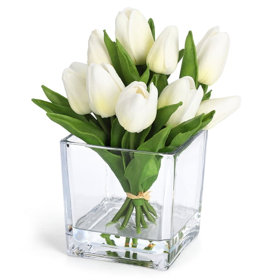Ataujin 12 Pcs Artificial Tulip Flowers. Real Touch Faux Silk Tulip Stems with Glass Vase, Realistic Wedding Kitchen Office Centerpiece, Mothers Day Easter Valentines Day Gift