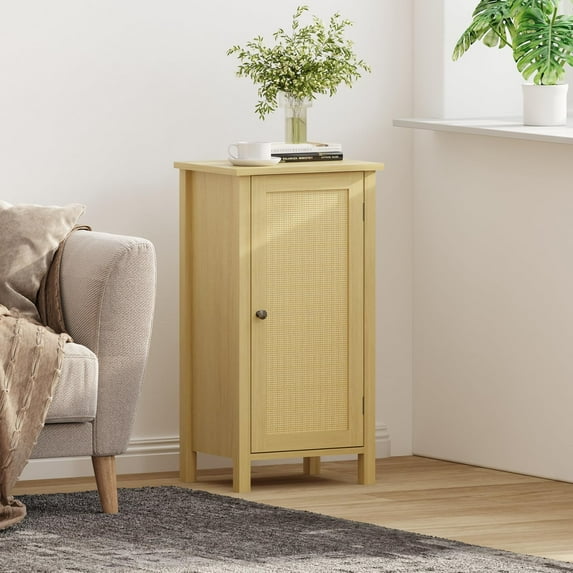 Ataujin 16 Inch Bedside Table with Drawer, Elegant Farmhouse Nightstand with Rattan Door, Natural End Table, Multi-Functional Storage Cabinet Easy Assembly, Thickened MDF & Solid Wood Legs