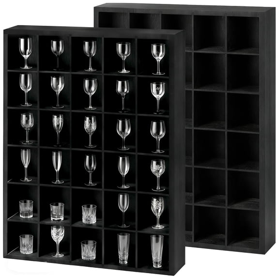 Ataujin 17"x12" Shot Glass Display Case, Large Wooden Cabinet Rack Holder, Wall Mounted Black Shadow Box with 30 Slots & Removable Shelves, for Collectible Bar Home Kitchen, 2 Pack