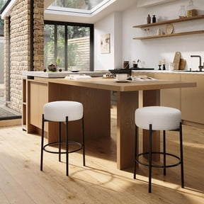 Ataujin 24" Modern Backless Bar Stools, Modern Counter Height Bar Stools, Round Bar Stools Set of 2, Sherpa Upholstered with Foot Rest for Kitchen Island, Counter, Cafes