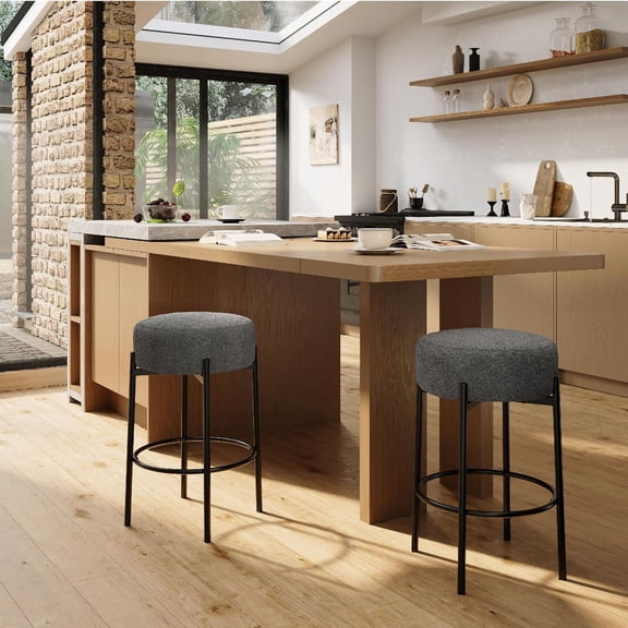 Ataujin 24" Modern Backless Bar Stools, Modern Counter Height Bar Stools, Round Bar Stools Set of 2, Sherpa Upholstered with Foot Rest for Kitchen Island, Counter, Cafes