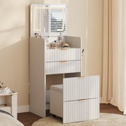 Ataujin 3 in 1 Vanity Desk with 3 Drawers and Rolling Stool, Fluted Compact Vanity Table with Flip Top Mirror and Lights, Modern Small Makeup Vanity Table with Charging