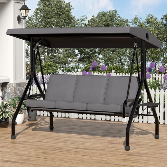 Ataujin 3 Seat Outdoor Porch Swing, 2-in-1 Patio Swing Chair with Thickened Removable Cushions, Adjustable Canopy & Cup Holders, Outdoor Swing with Weather Resistant Steel Frame