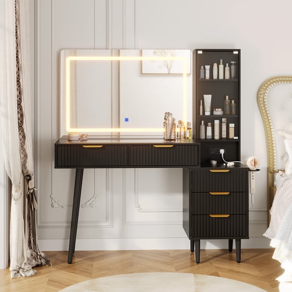 Ataujin 48" Fluted Makeup Vanity Desk with Lights&Charging Station, Large 36" HD Lighted Mirror & Glass Top, Makeup Desk Modern Dressing Table with 5 Drawers & 3 Shelves
