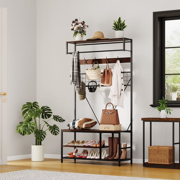 Ataujin 5 in 1 Entryway Shoe Bench with Coat rack, Hall Tree with Bench and Shoe Storage, 39.37" Coat and Shoe Rack with Hanging Rod and 9 Hooks, for Hallway, Mudroom, Bedroom