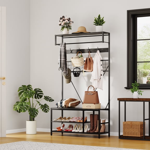 Ataujin 5 in 1 Entryway Shoe Bench with Coat rack, Hall Tree with Bench and Shoe Storage, 39.37" Coat and Shoe Rack with Hanging Rod and 9 Hooks, for Hallway, Mudroom, Bedroom