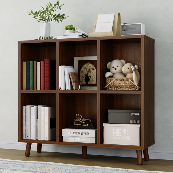 Ataujin 6-Cubes Open Shelf Low Short Bookshelf,  Modern Bookshelf, Rustic Brown Wood Cube Storage Organizer Display Shelf with Wood & Anti-Tipping Legs for Living Room, Home Office, Bedroom