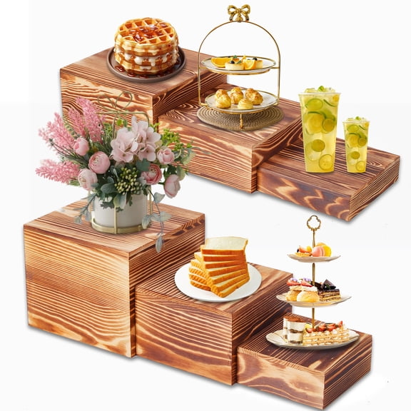Ataujin 6-Piece Kit Wooden Cake Stand Set, Wooden Risers Display Stands, Multi-Tier Dessert Display Rack, Adjustable Cupcake Holder, Party Dessert Serving Tray