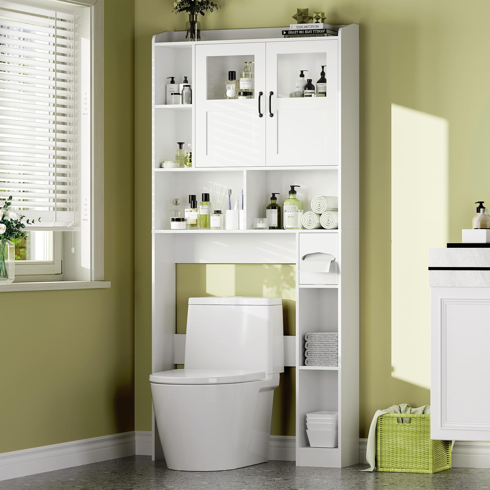 Ataujin 67.4" Tall Over Toilet Storage Cabinet, Freestanding or Wall-Mounted Toilet Organizer with Glass Door & Adjustable Shelves for Bathroom & Laundry Room
