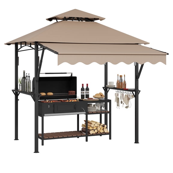 Ataujin 8' x 5' Grill Gazebo Canopy with Extra 7' x 3' Awning, Double-Tiered Grill Canopy with Shelves, Outdoor BBQ Canopy Shelter with 10 Hooks & LED Lights for Patio