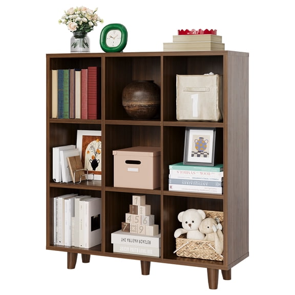 Ataujin 9 Cube Storage Organizer, 9 Tier Modern Bookshelf, Cube Storage Organizer with Wood & Anti-Tipping Legs, Retro Open Bookcase Display Shelf for Living Room, Home Office, Bedroom