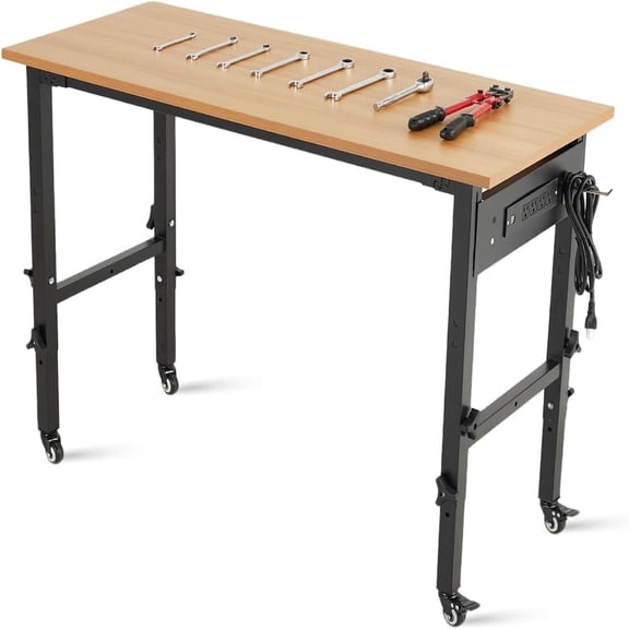 Ataujin Adjustable Height Workbench, 60" Rubber Wood Top Heavy Duty Workstation with Power Outlets&Wheels, 2200 Lbs Load Walnut Wood Top Work Table for Workshop, Garage