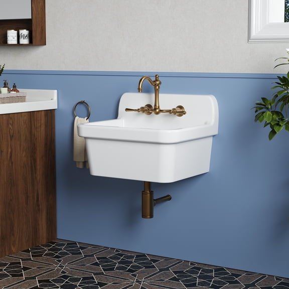 Ataujin Ceramic Utility Sink, Durable Space-Saving Laundry Sink, Wall Mount Laundry Room Basin with High Backsplash, Easy to Clean, Farmhouse Style for Mudroom, Basement, Bathroom