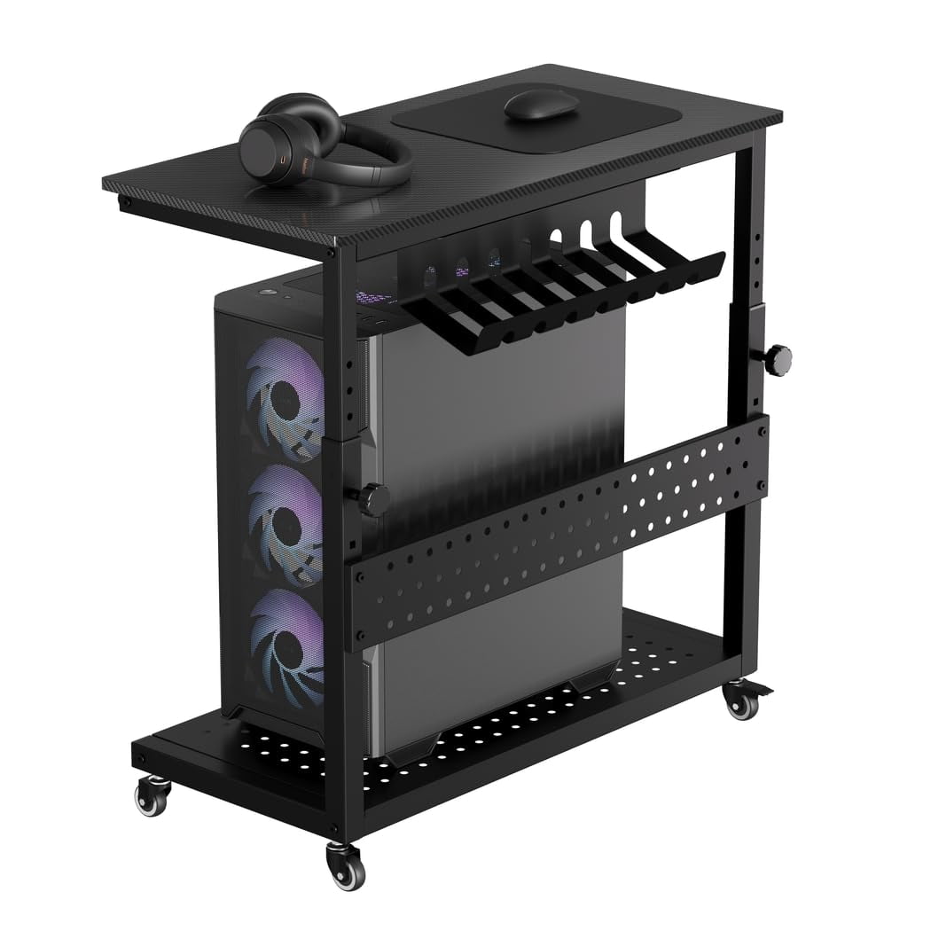Ataujin Computer Tower Stand with Cable Management Rack, 2-Tier Mobile CPU Holder Cart, Adjustable Rolling PC Stand for Office and Home Use