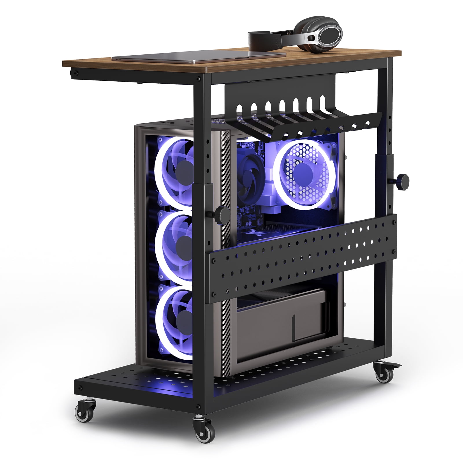 Ataujin Computer Tower Stand with Cable Management Rack, 2-Tier Mobile CPU Holder Cart, Adjustable Rolling PC Stand for Office and Home Use