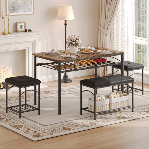 Ataujin Dining Table Set for 4 with Upholstered Benches and 2 Stools, Kitchen Breakfast Table, Ideal for Small Kitchens, Apartments, Studios, and Compact Living Spaces