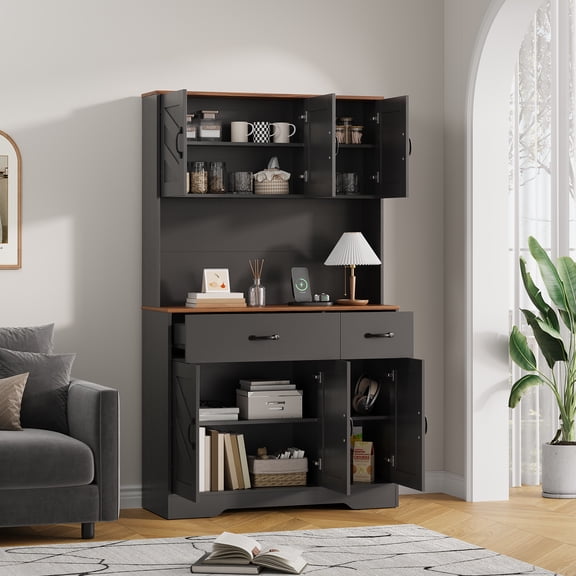 Ataujin Farmhouse Kitchen Hutch Cabinet with 2 Storage Drawers, 71" Kitchen Pantry Storage Cabinet with Charging Station, Large Food Pantry with Microwave Stand for Dining Room