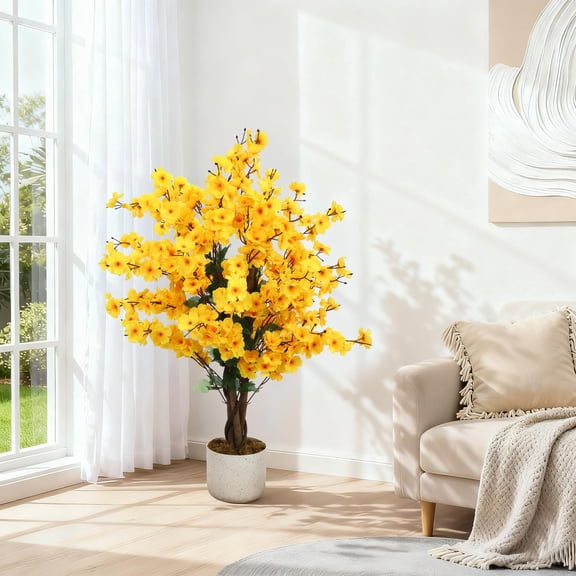 Ataujin Faux Wintersweet Tree with Lifelike Yellow Plum Blossoms and Black Planter, Artificial Wintersweet Tree, Artificial Potted Plant for Indoor Home or Office Décor