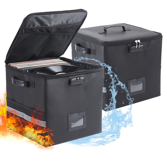 Ataujin Fiberglass Vinyl Record Storage Boxes, Fireproof Document Box with Lock & Zipper Pockets, Collapsible File Organizer Storage Cabinet with Handle, Portable Home Office Safe