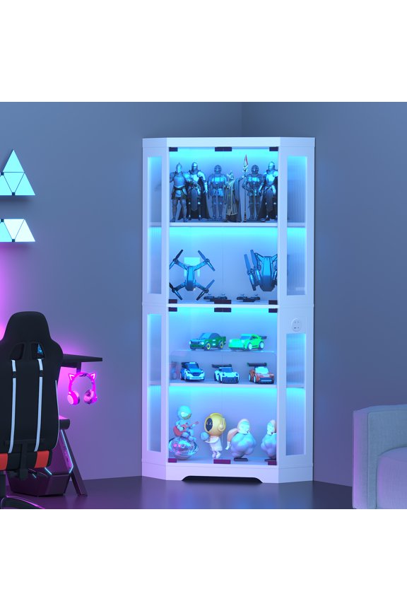 Ataujin Glass Display Case & Bookcase, Display Cabinet, 4-Tier Curio Cabinets with 3 Color Lights, Corner Bookcase, Storage Cabinets with Charging Ports for Living Room, Home Office