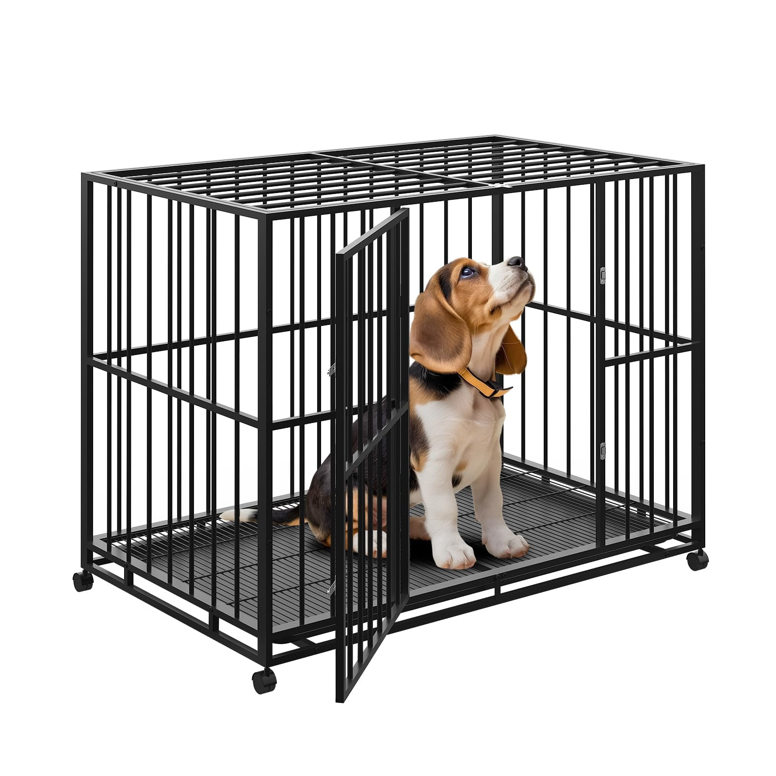 Ataujin Heavy Duty Stainless Steel Dog Crate for Large Breeds, Escape-Proof Kennel Chew-Resistant Kennel with Locking Wheels, Collapsible, Chew-Resistant & Easy-Clean Removable