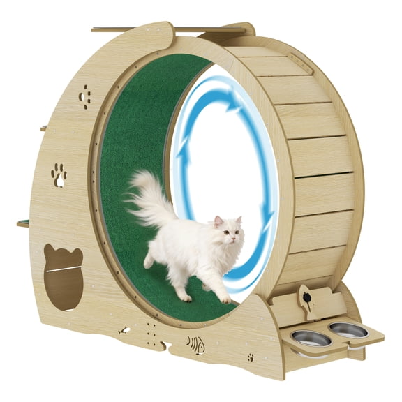 Ataujin Large 48" Cat Wheel for Indoor Cats, Exercise Treadmill with Running Track, Built-in Bowls, Scratching Post & 3-Tier Jumping Tower for Walking and Training