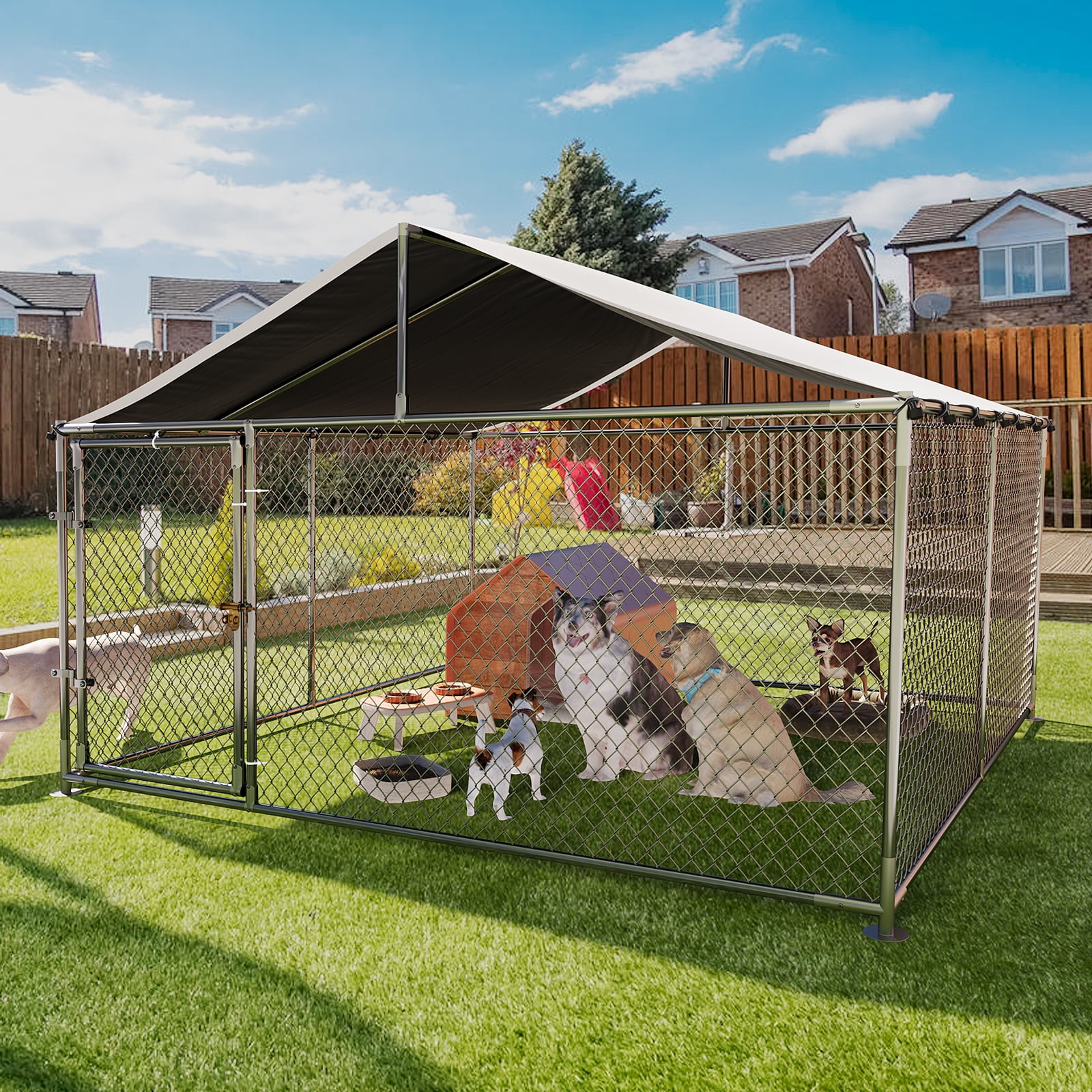Ataujin Large Dog Kennel Outdoor with Roof, Dog Enclosure Outside Pet Fence, Dog Boarding Kennel Poultry House Cage Steel Fence with Ground Anchor Secure Lock Farm Camping