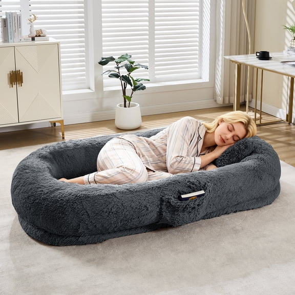Ataujin Orthopedic Human Dog Bed for Adults & Pets, Nap Bed Bean Bag Bed Large 67"x43"x8" Soft Faux Fur Bean Bag, Removable Cover, Plump Pillow, Side Pocket & Handle, Egg Orthopedic Foam