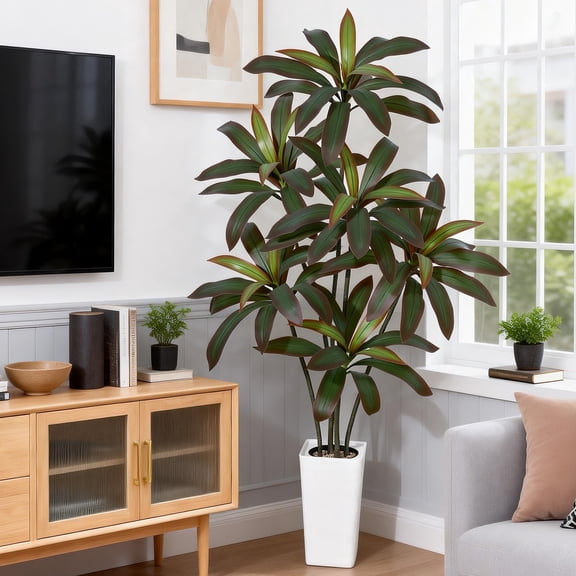 Ataujin Real Touch Artificial Dracaena Tree, Lifelike Silk Leaves, Multi-Tonal Trunks, White Tall Planter, Decorative Stones, Large Faux Indoor Plant