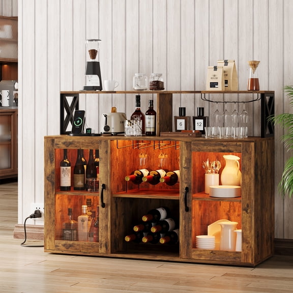 Ataujin Wine Cabinet with LED Lighting, 47 Inch LED Bar Cabinet, Multi-Functional Home Bar with Power Outlets & Wine Rack for Kitchen, Living Room & Dining Room